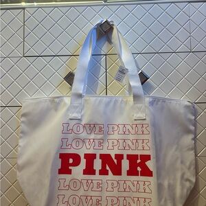 PINK Victoria's Secret White Tote with Pink Logo Print Red and White summery